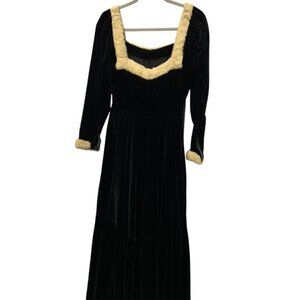 Fredleys Vintage Black Velvet real fox fur trim long dress S